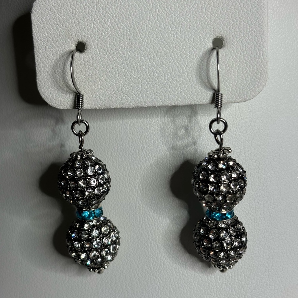 Handmade Rhinestone crystal balls & aqua blue rhinestone earrings 2 inches